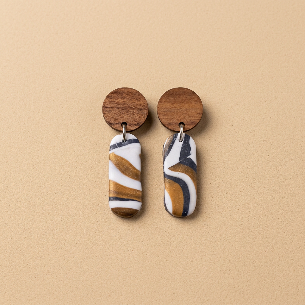 Oorbellen met ronde houten stekers en abstracte hangers op een beige achtergrond