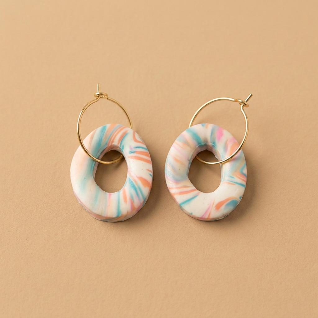 Pastelkleurige ovale oorbellen met open midden en goudkleurige ringetjes op beige achtergrond