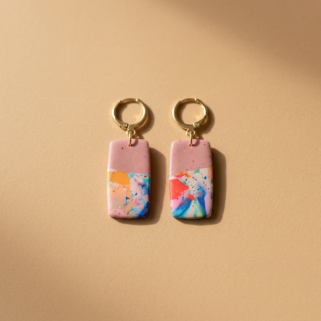 Roze rechthoekige oorbellen met kleurrijk abstract patroon op beige achtergrond