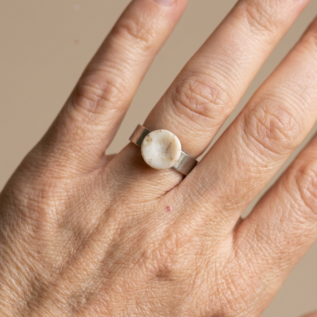 Zilverkleurige ring gedragen aan een hand tegen een rustige beige achtergrond, zonder computer