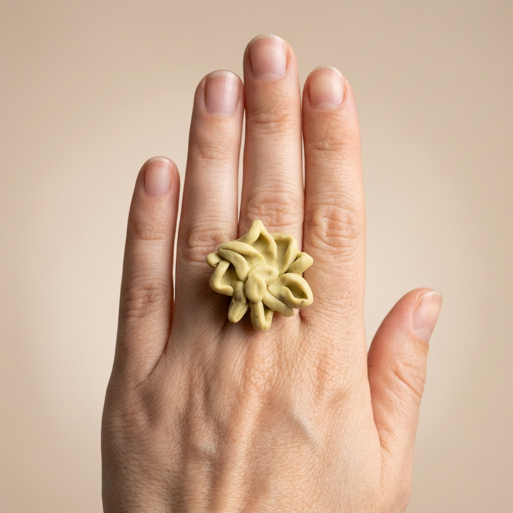 Licht geelgroene bloemring gedragen op een hand tegen een beige achtergrond